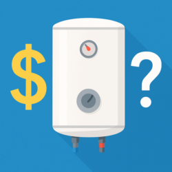 A graphic showing a dollar sign, a hot water system, and a question mark representing the cost of hot water system replacement